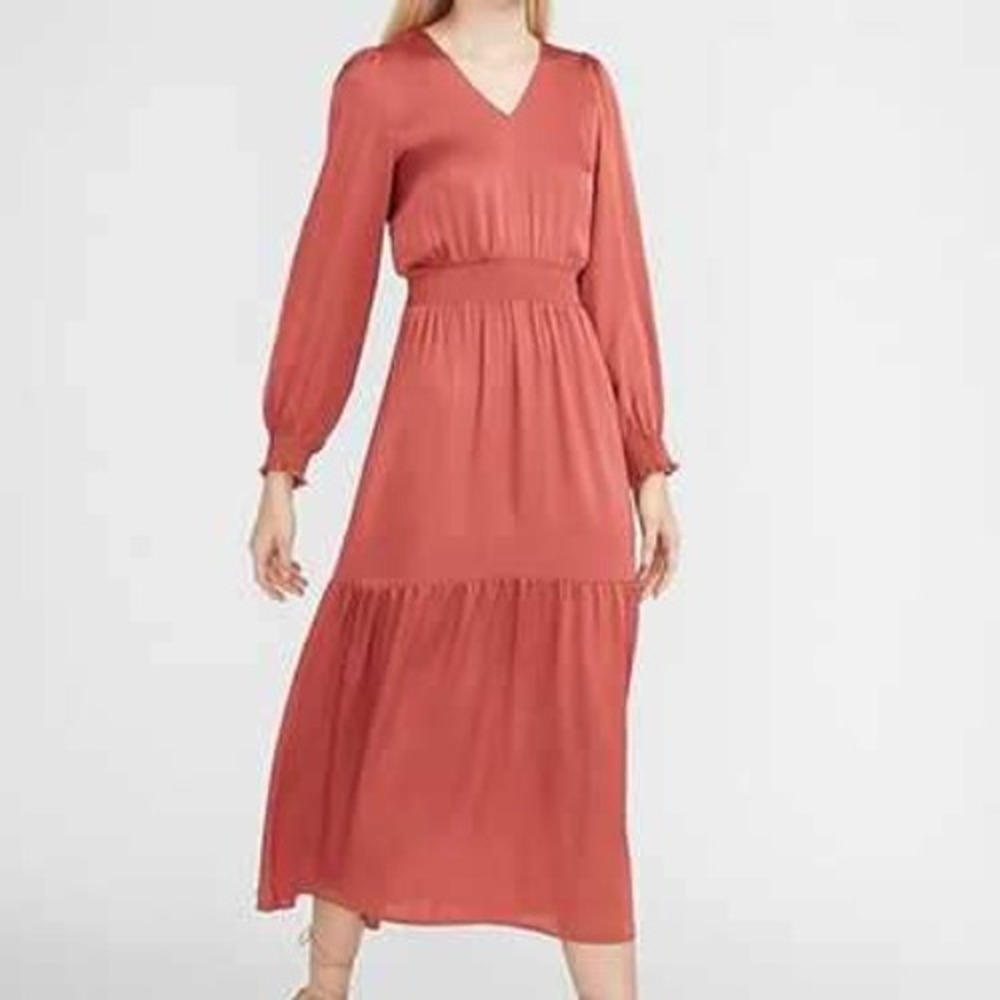 Express Womens Smocked Waist Tiered Rust Satin Maxi Dress Size M
